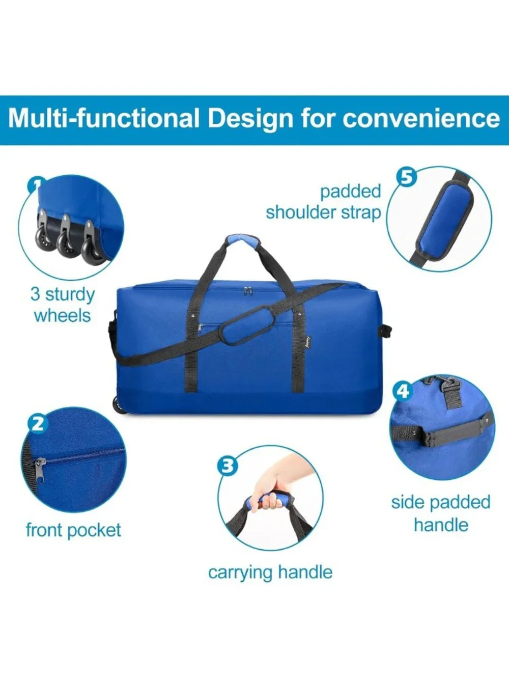 120L Lightweight Foldable Rolling Duffel Bag with 3 Wheels & Shoulder Strap